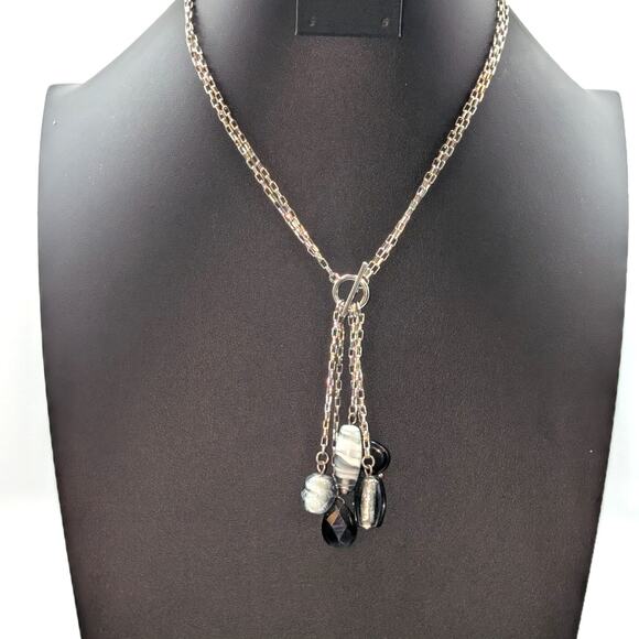 Silver Tone Double Square Link Chain Front Toggle Glass Bead Tassel 17" Necklace - Picture 1 of 7